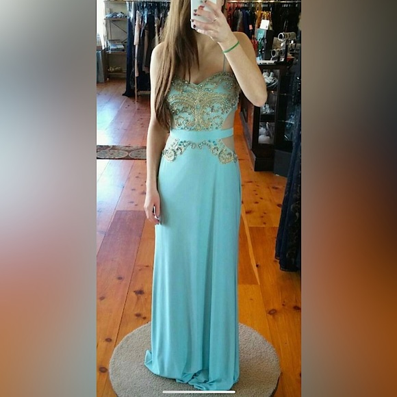 Gorgeous Turquoise/Seafoam Green Prom Dress w/ mesh sides & intricate beading - Picture 1 of 12
